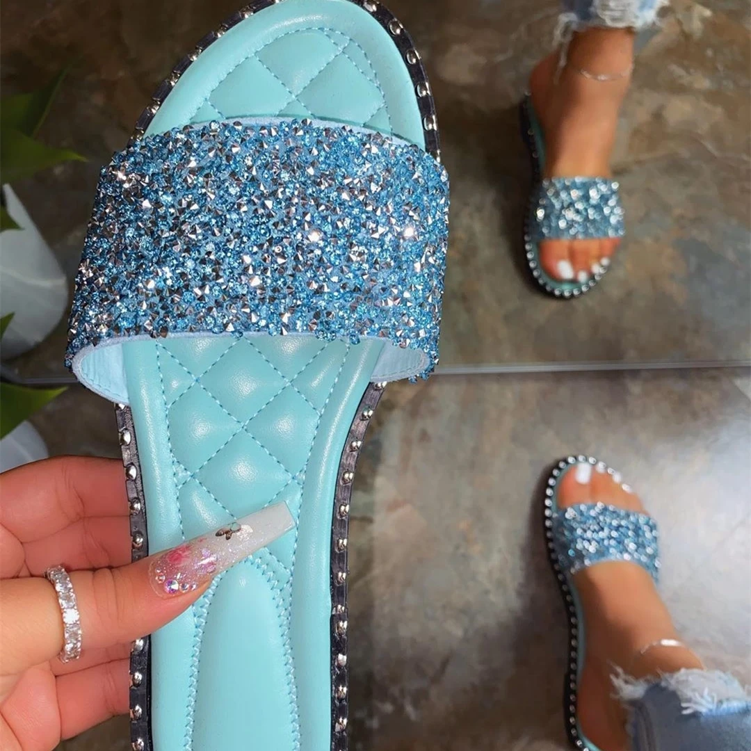 
Amazon INS Hot-Selling Women House Slippers Rhinestone Sequins One-Font Casual Flat Heel Ladies Sexy Slippers For Women 