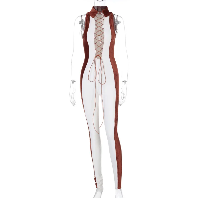 Hot Selling Summer Sexy Sleeveless Halter Contrast Color Matching Hollow Out Sports Slim Fit Women One Piece Jumpsuit