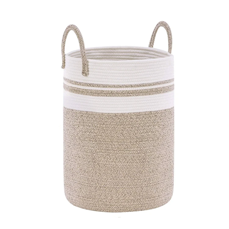 Wholesale 75L  cotton fabric  jute yellow foldable cotton rope laundry storage basket for kids room with elegant handle
