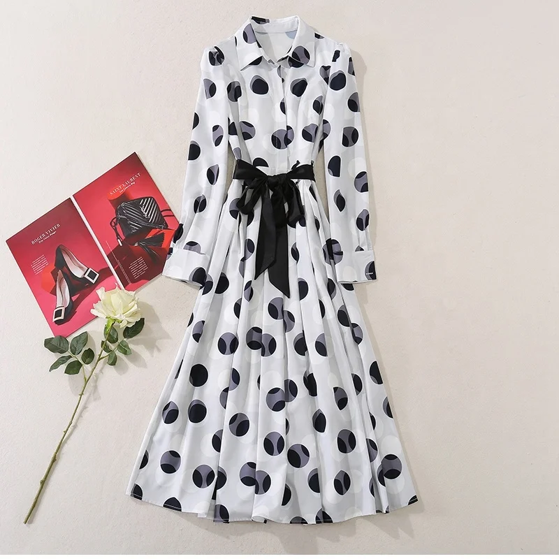 Spot Wholesale Summer New Large Polka Dot Printed Shirt Plus Size Skirt Lace Lapel Large Swing Mid-length Casual Dress