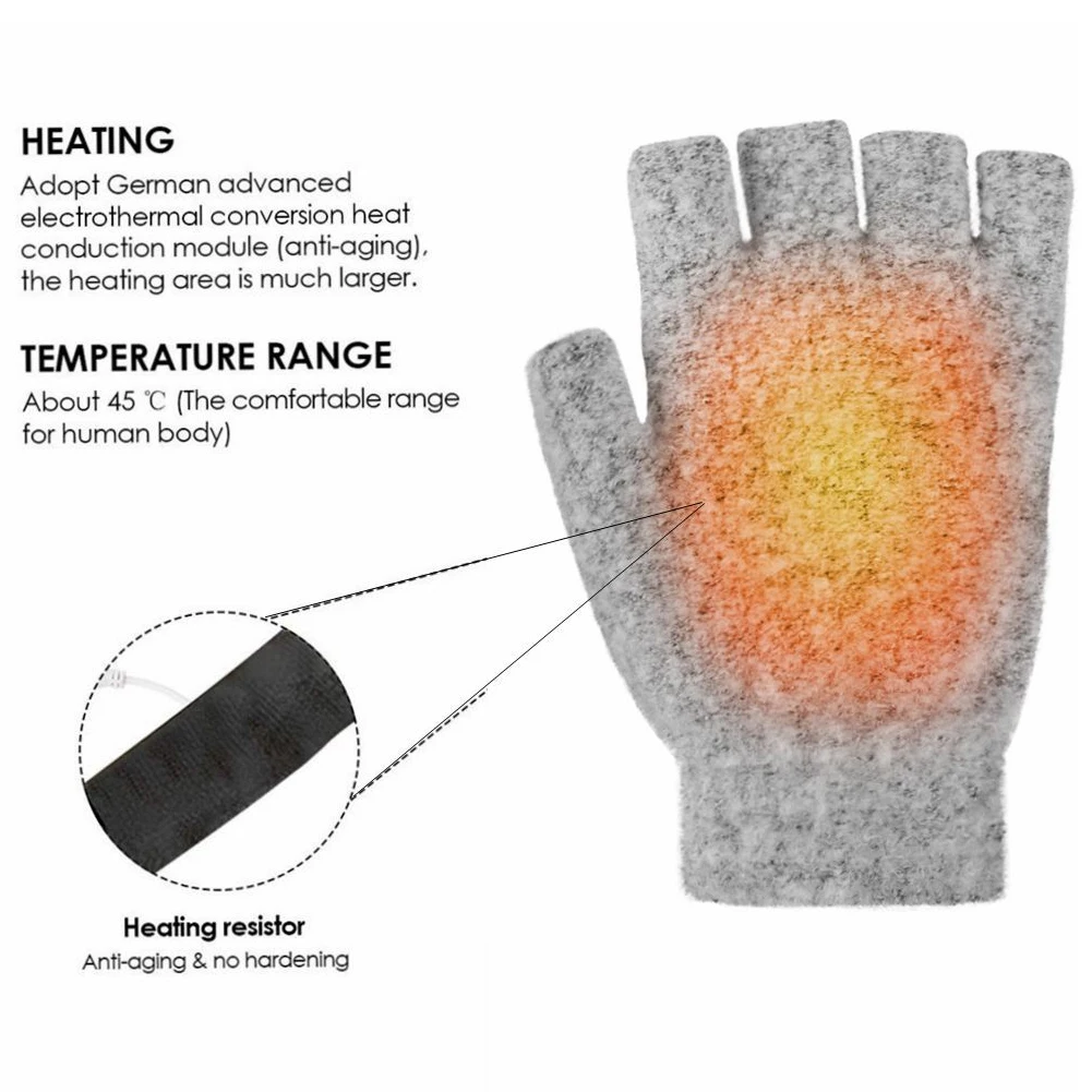 USB Electric Heated Glove 2-Side Heating Convertible Fingerless Knitted Mittens Waterproof Cycling Skiing Adjustable Heat Gloves