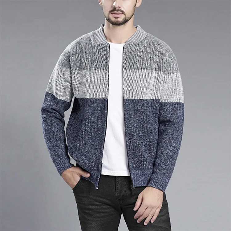 2021 Winter Fashion O Neck Long Sleeve Grey Color Block Zip Up Mens Cardigan Sweater For Men