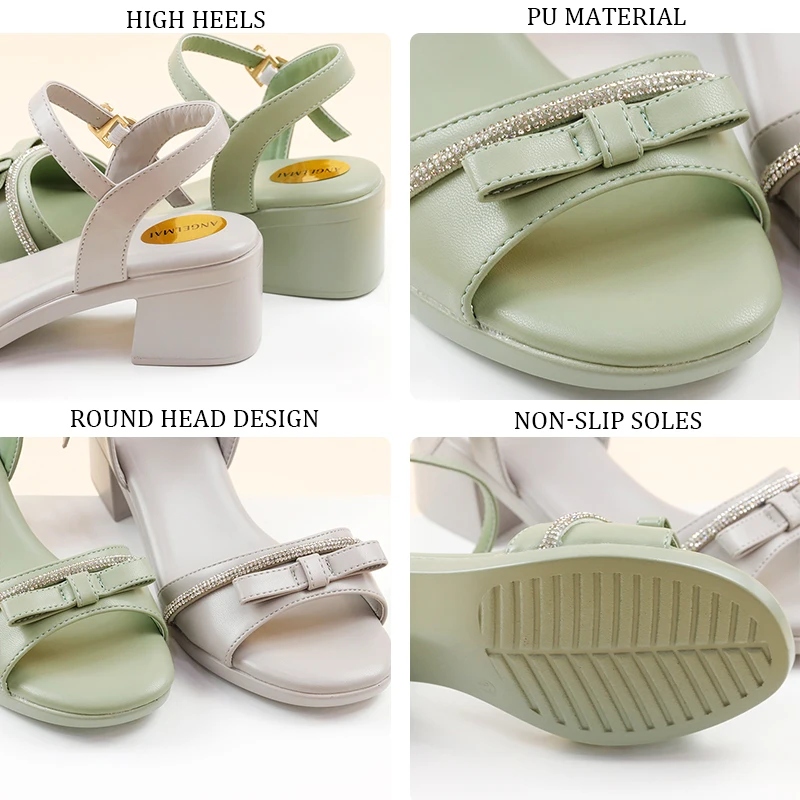 High Quality Low Price Green open toe Comfortable Platform Chunky Square Heel Block Heels Sandals Bow Decorative Fashion Sandals