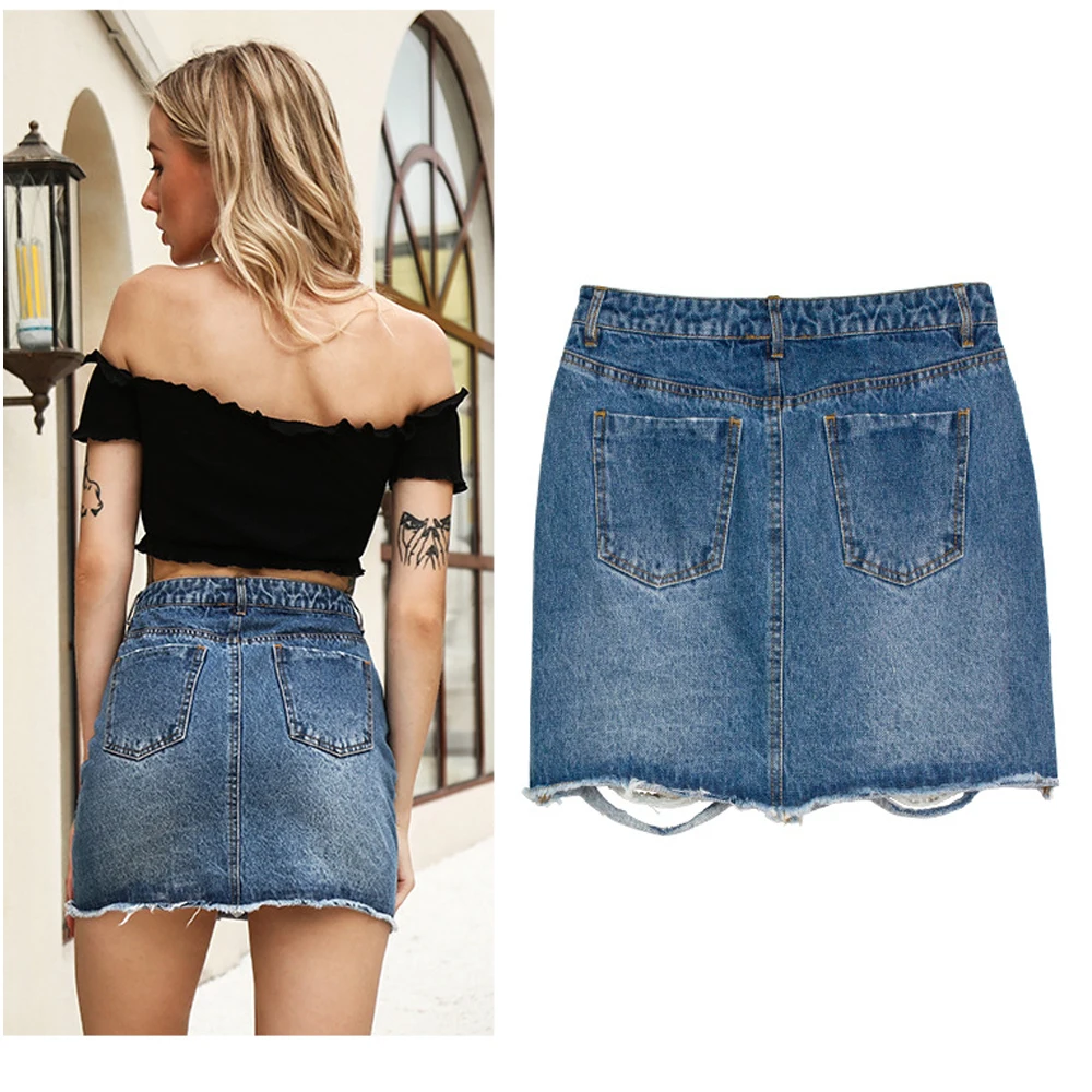 Женская короткая джинсовая юбка с высокой талией и жемчужным синим принтом