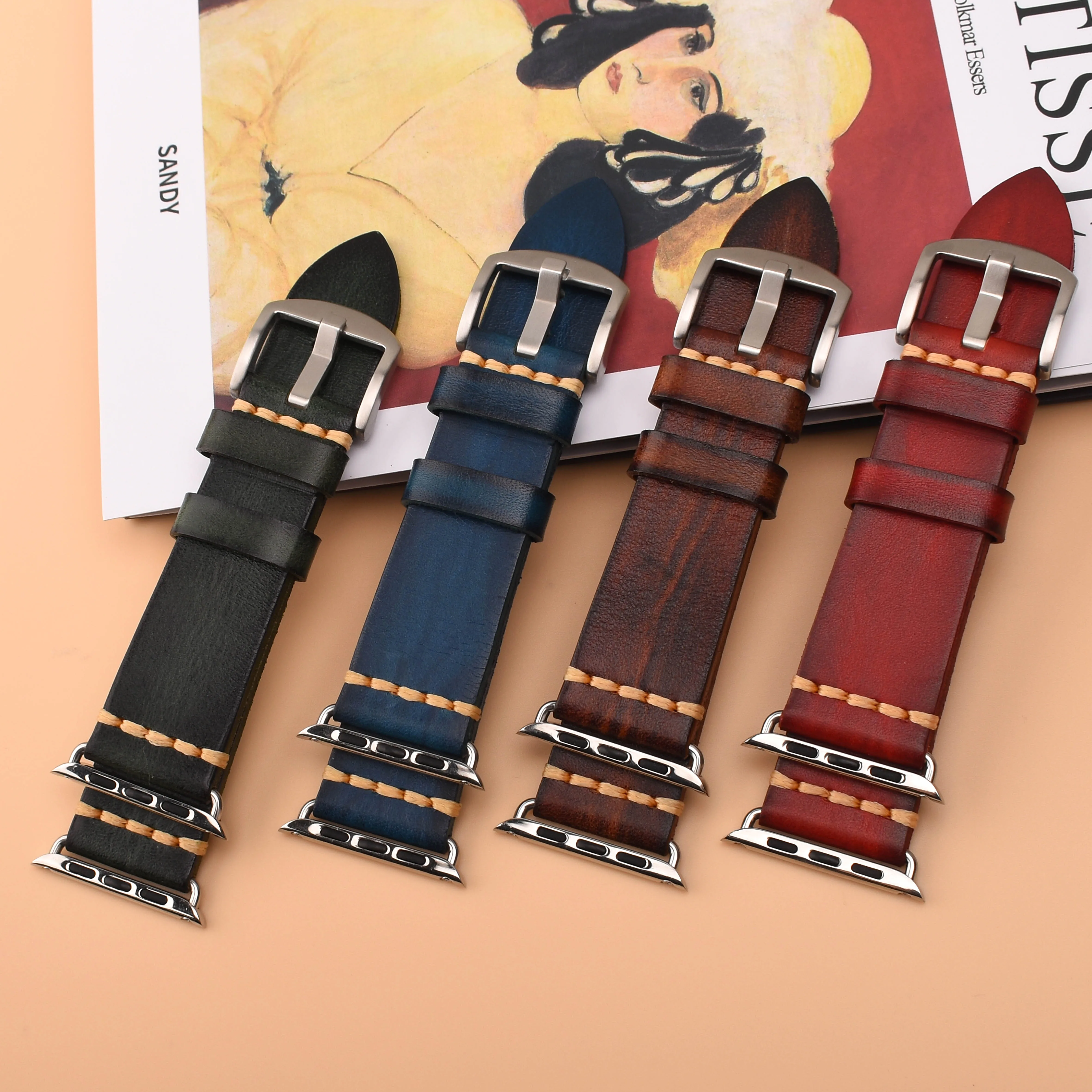 Heqi Personalised Leather Apple Watch Strap 42mm 44mm 45mm Series 7 6 5 4 3 2 1 SE  iWatch Watch Band Belt
