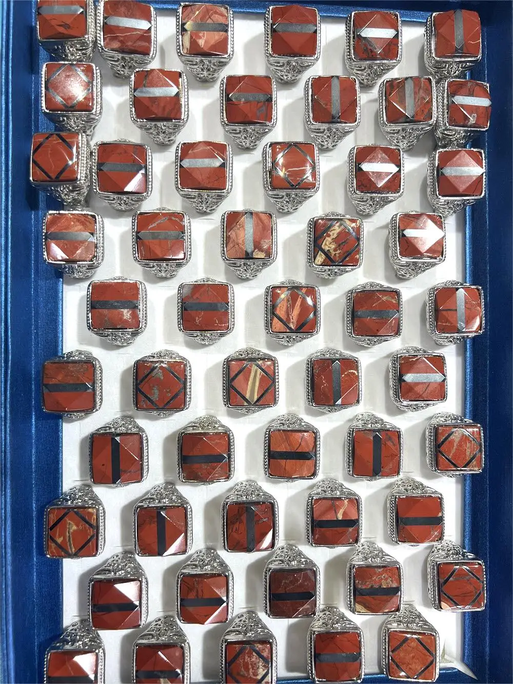 Factory Price Cheap Stone Men Rings Red Jasper Splicing Black Agate Ring Silver Color Copper Rings Jewelry Gift Stall Good