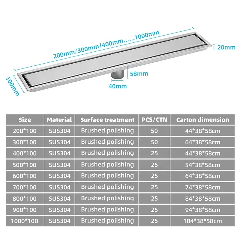 Huafa 304 Stainless Steel Bathroom Tile Insert Linear Shower Floor Drain Channel