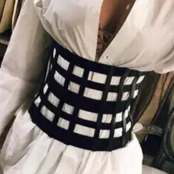 Wide Hollow Elastic Cinch PU Belt Black