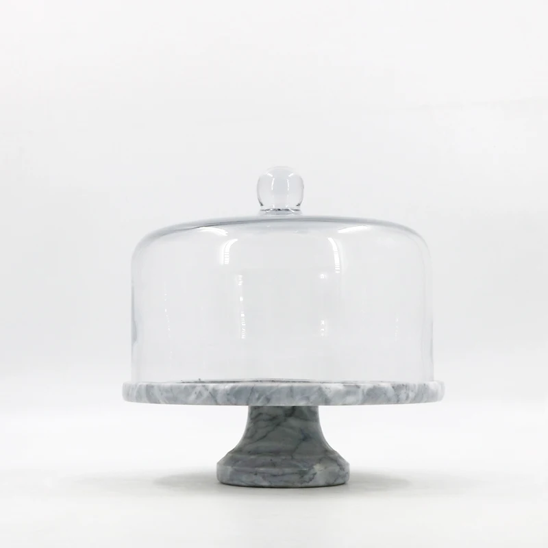 hot sale Natural Stone Wedding Marble tray base with glass dome transparent Cake stand Dust cover