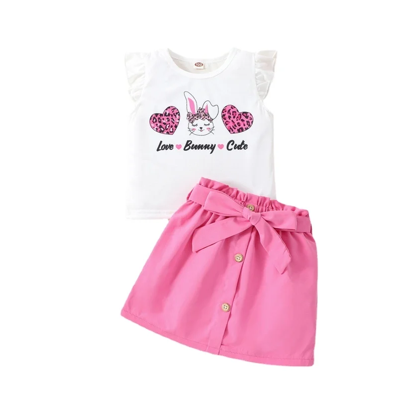 2023Amazon Ebay explosive Easter love rabbit flying sleeve middle children girls skirt suit pink summer everything