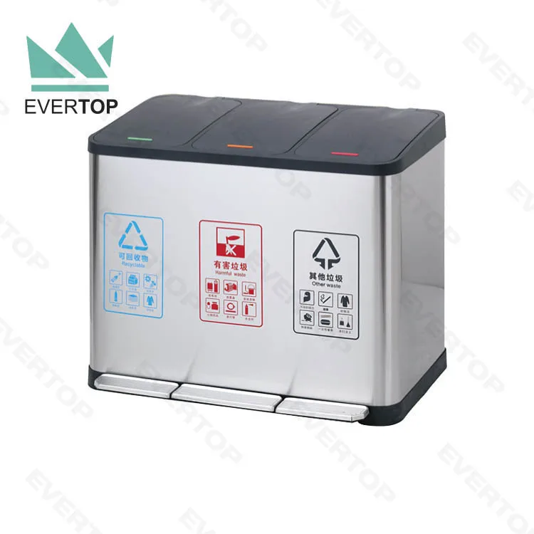 PD-D02B Office Kitchen 45 litre Pedal Bin 3 Compartment Trash Can with Pedal Dustbin Sorting Recycle Stainless Steel Pedal Bin