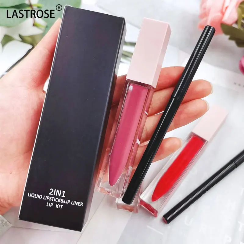 2 in1 liquid lipstick and lipliner set longlasting matte lip gloss and lip liner pencil sets box private logo vegan cosmetic kit