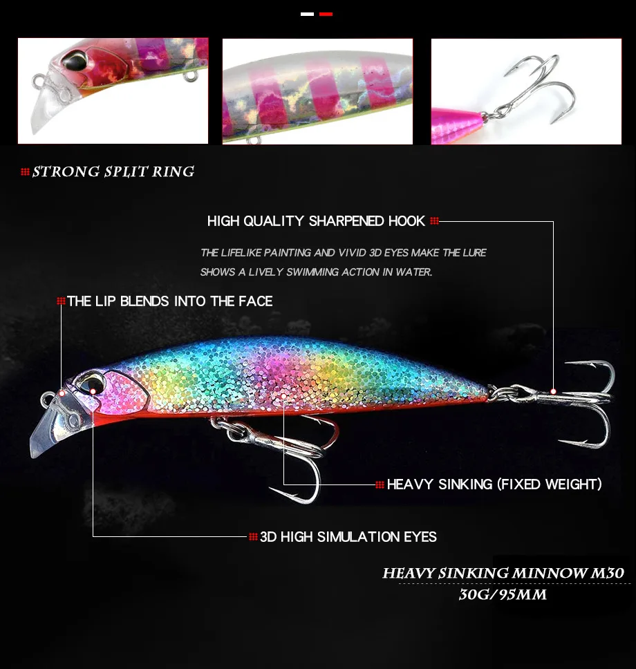 New Products 95mm 30g Lifelike 3D High Simulation Eyes Heavy Minnow Sinking Lures with Sharpended Hook