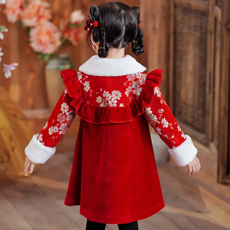 Red girls hanfu winter midi dress chinese style turn down collar princess dress