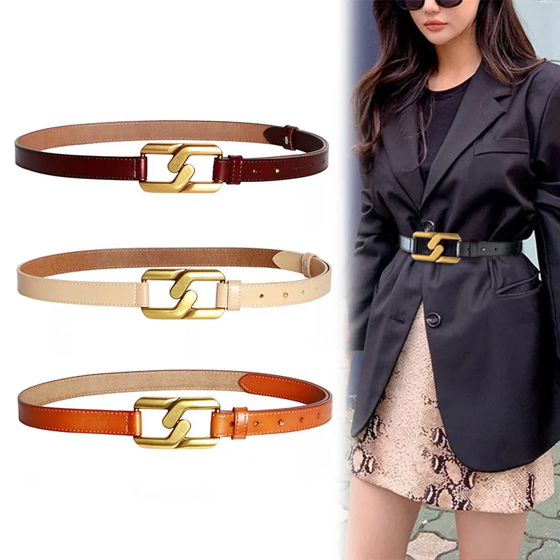 Cowhide Leather Belt For Women Handmade Gold Buckle Belts For Dress Adjustable Genuine Leather Waist Belts