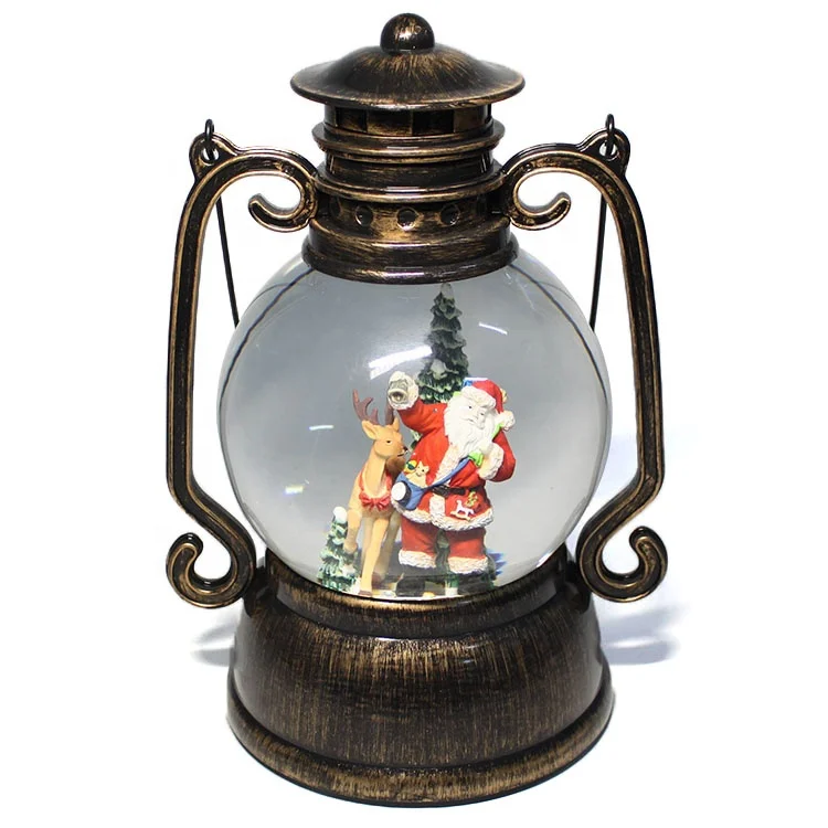 LED and Music Antique Bronze lighted indoor table Plastic glitter water ball Christmas Lantern with handle