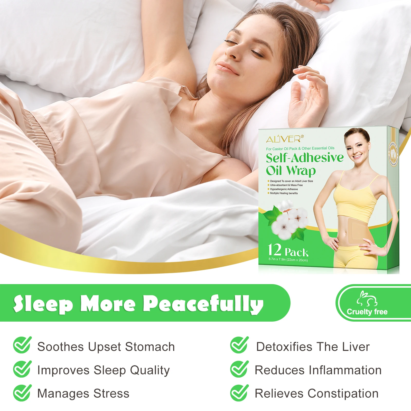 ALIVER 12 Pack Ultra-Absorbent Self-Adhesive Oil Wrap Disposable Organic Cotton Castor Oil Pack Wrap For Liver Detox