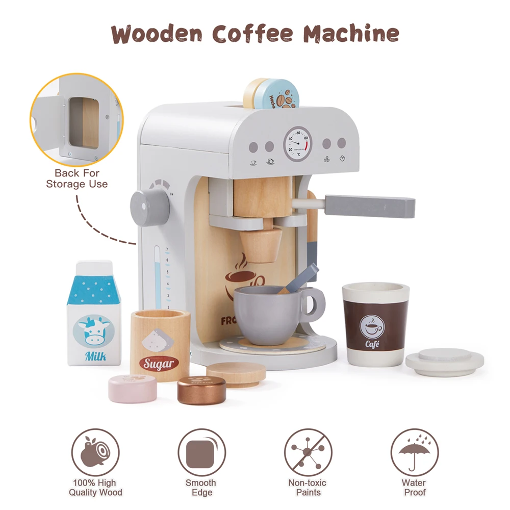 Pretend Wooden Kitchen Toys Kids Simulation Kitchenware Girl Gift Toys Kids Kitchen Play Home Puzzle Coffee Machine Set