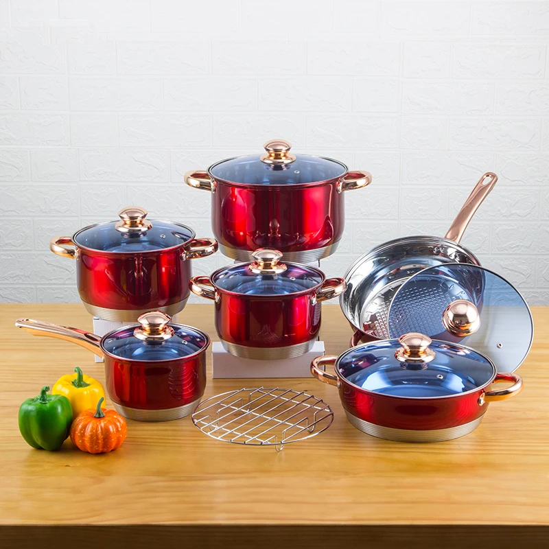 Customized Gold Plated Handle Stainless Steel Large Cooking Pot Pan Home 13 pcs Non Stick Cookware Set kitchen
