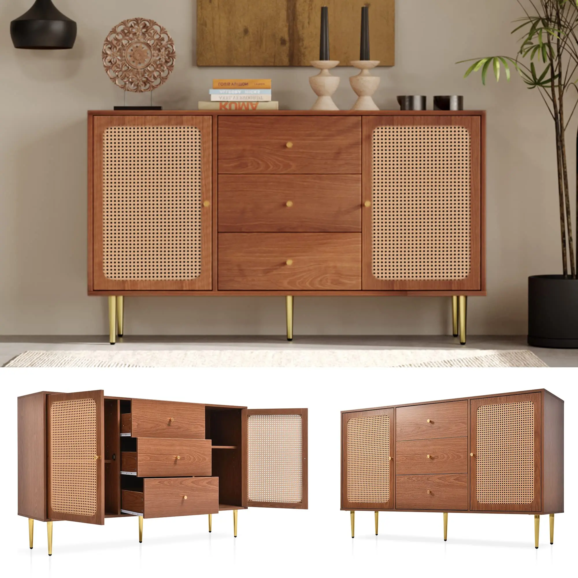 Sunrise Rattan Sideboard Cabinet for Living Room, Buffet Storage Cabinet with Rattan Decorating, Sideboard with Adjustable shelf