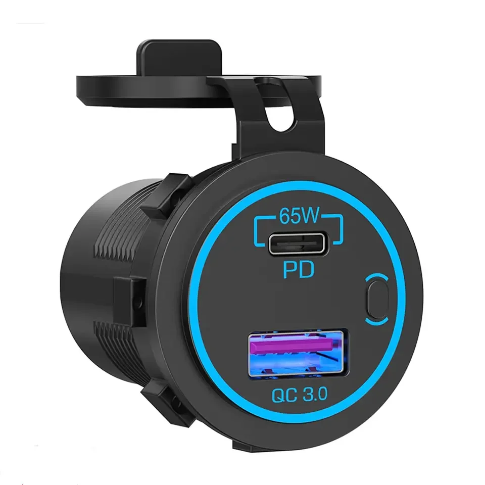 12V  65W DC 12V-24V Waterproof Dual USB LED Car Charger Power Socket Outlet QC3.0+PD3.0 for laptop