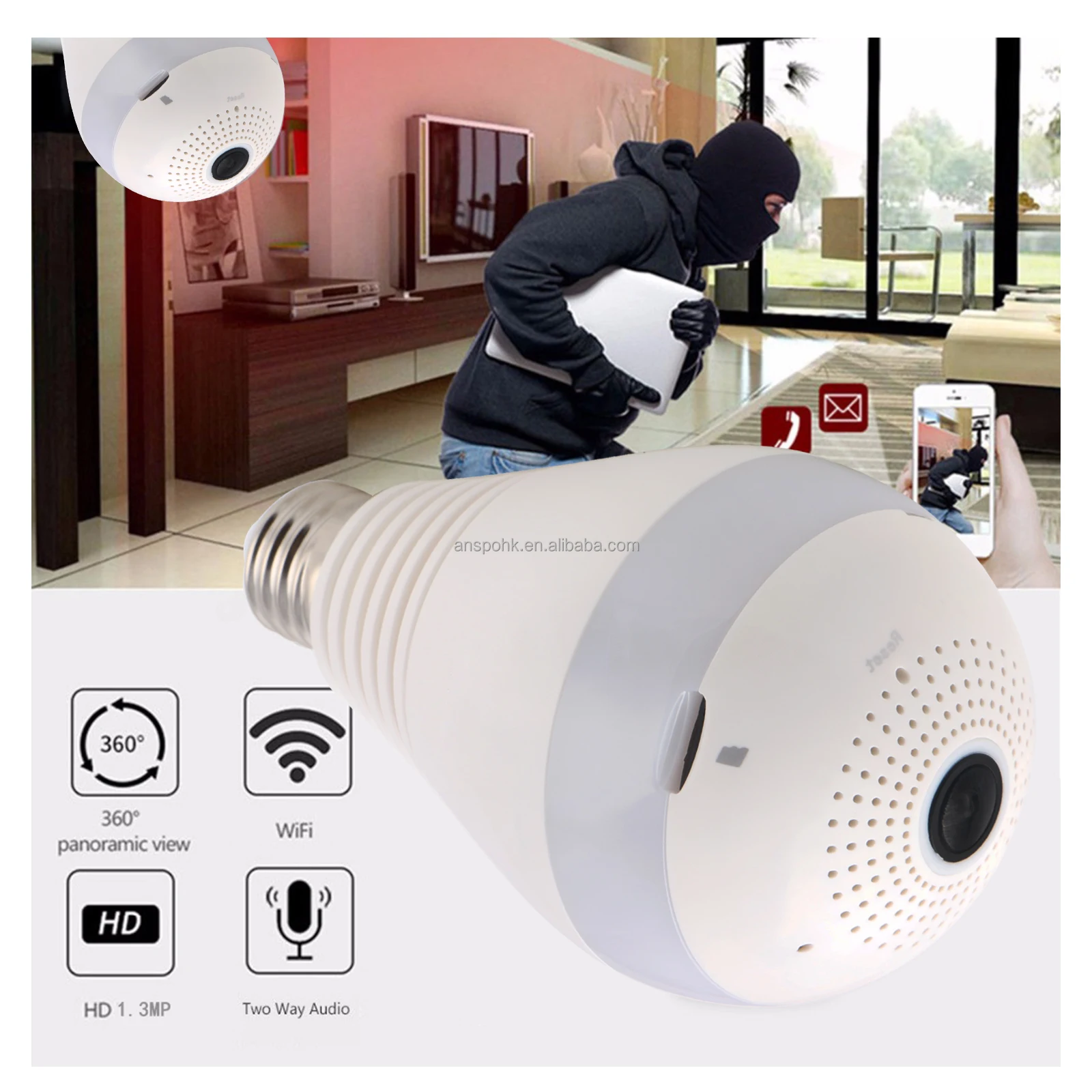 Anspo 1080p wifi camera E27 Light Bulb 360 Degrees 2.0MP Smart Wireless IP security Camera Panoramic Fisheye Bulb Light Camera