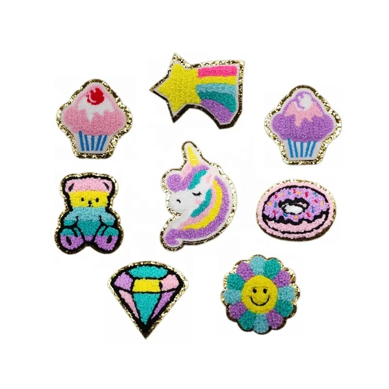 Factory Supply   Chenille Patch Rainbow Unicorn Patches Iron on Sew on  Cartoon Unicorn Embroidery Appliques Gold Glitter