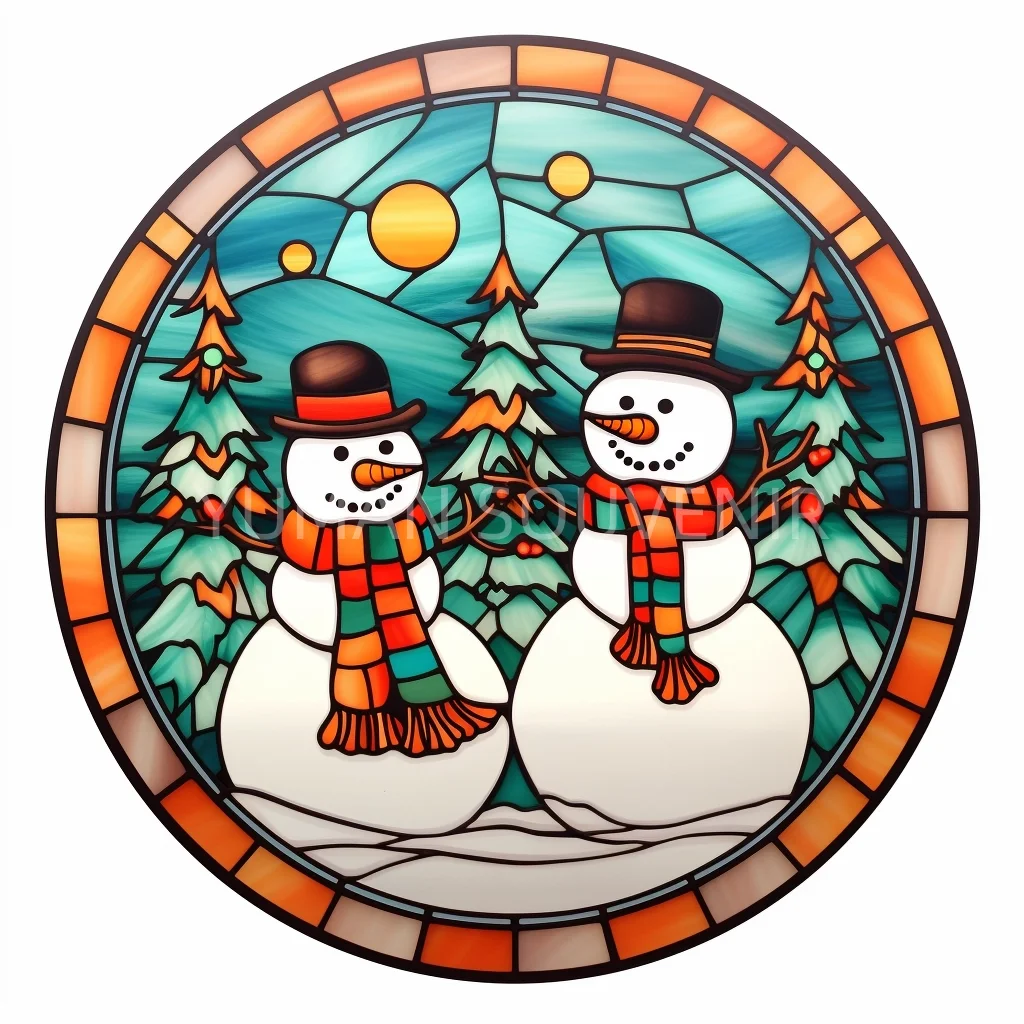 Exquisite 30CM Santa Claus and Christmas Snowman Stained Glass Window Decoration Creative Xmas Color round Pattern