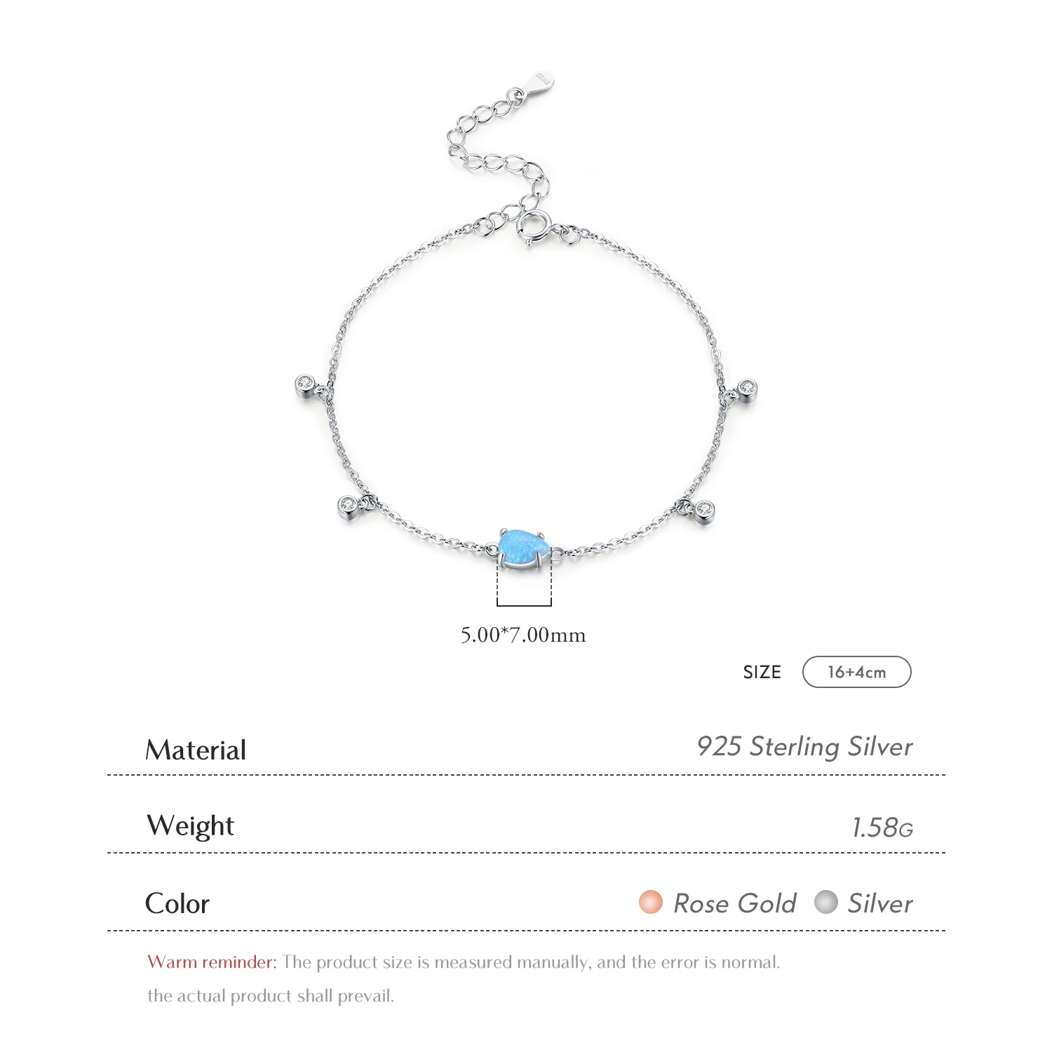 Blue Opal Link Chain Bracelet 925 Sterling Silver Delicate Charm Water Drop Adjustable Charm Bracelet Fine Jewelry