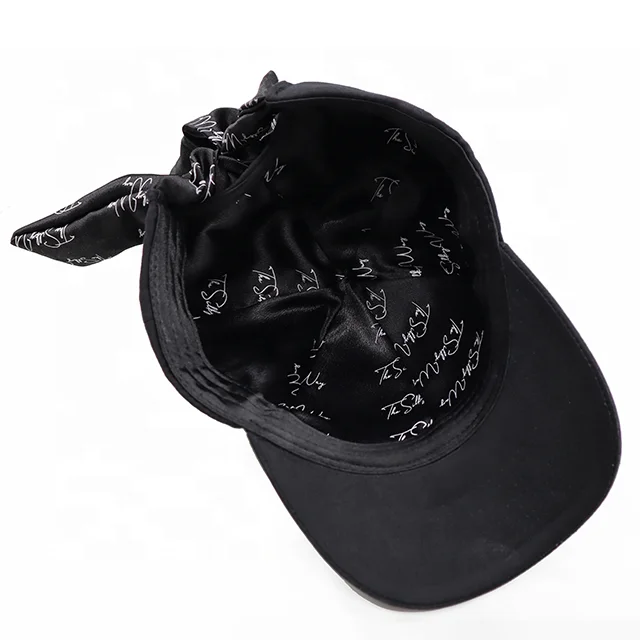 Tie bow lace back Satin/Silk lining lined fabric Customize flat embroidery Pure cotton pony Baseball Hats Caps for Women Ladies