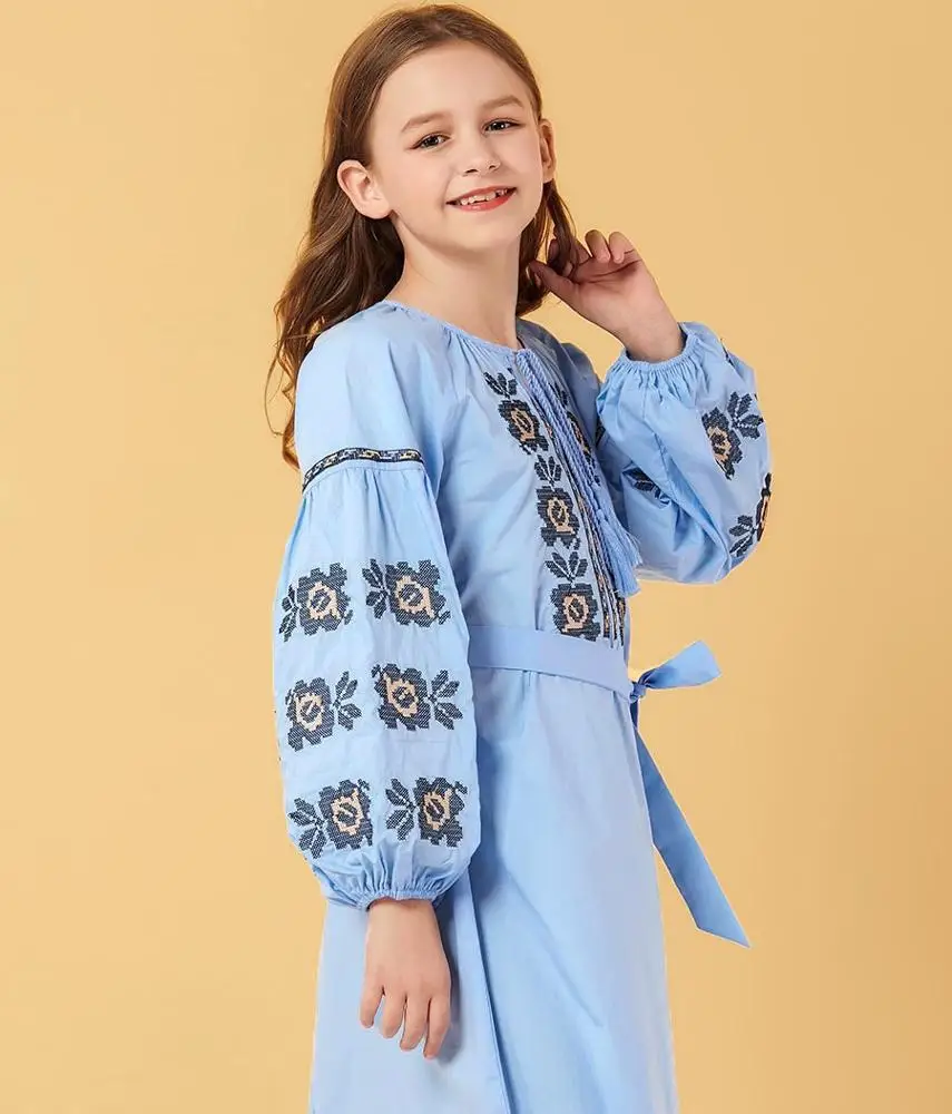 cheap wholesale child light blue lacing up muslim dress dubai kids clothes long sleeve dress