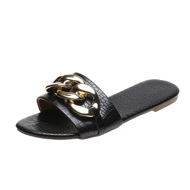 
2021 wholesale spring summer outdoor flats gold mental chain slides slippers sandals for women 