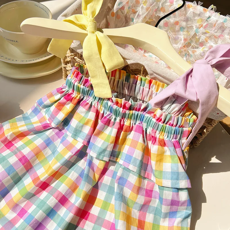 New Summer Korean style infant girls sweet cute rainbow plaid suspender cotton suspender frock skirt high quality for kids girl