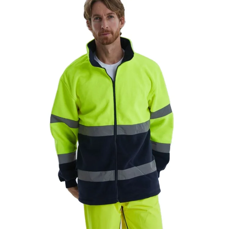Mens Zipper Front Reflective Safety Hi-Vis Fleece Jacket for Construction