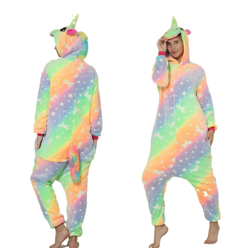 Unisex Winter Animal Flannel Onesie Pajamas Cartoon Sleepwear Glowing at night in dark noctilucent luminous Pijama Unicorn