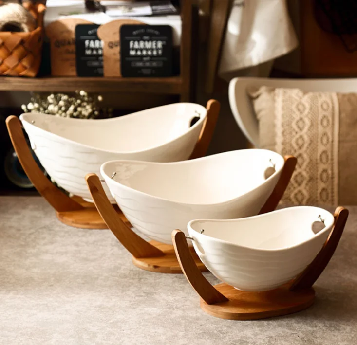 3 Pcs set Relish Tray with White Ceramic Bowl. Server Set with Bamboo Rack