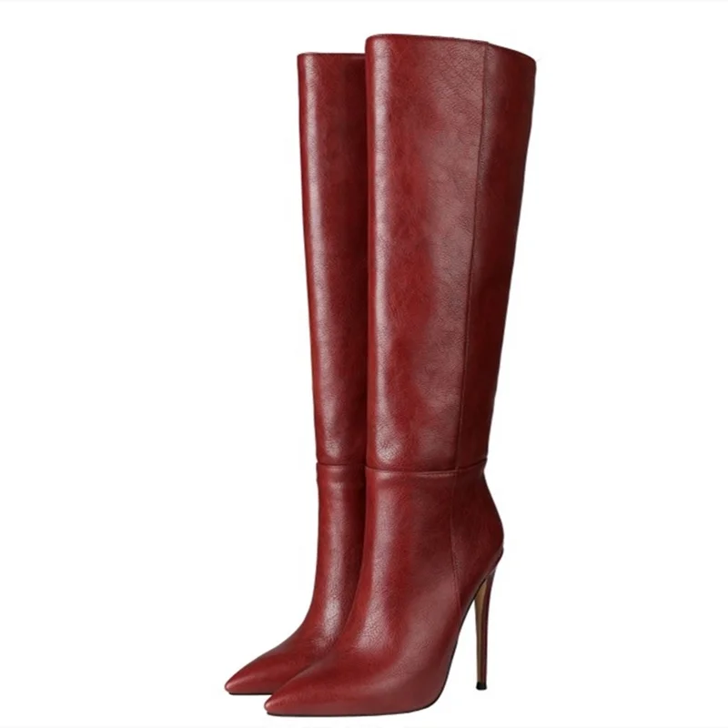 
Leather Pointed Toe Slip On High Heel Women Knee High Boots Fashion Winter Boots Work Office Students Plus Size 45 