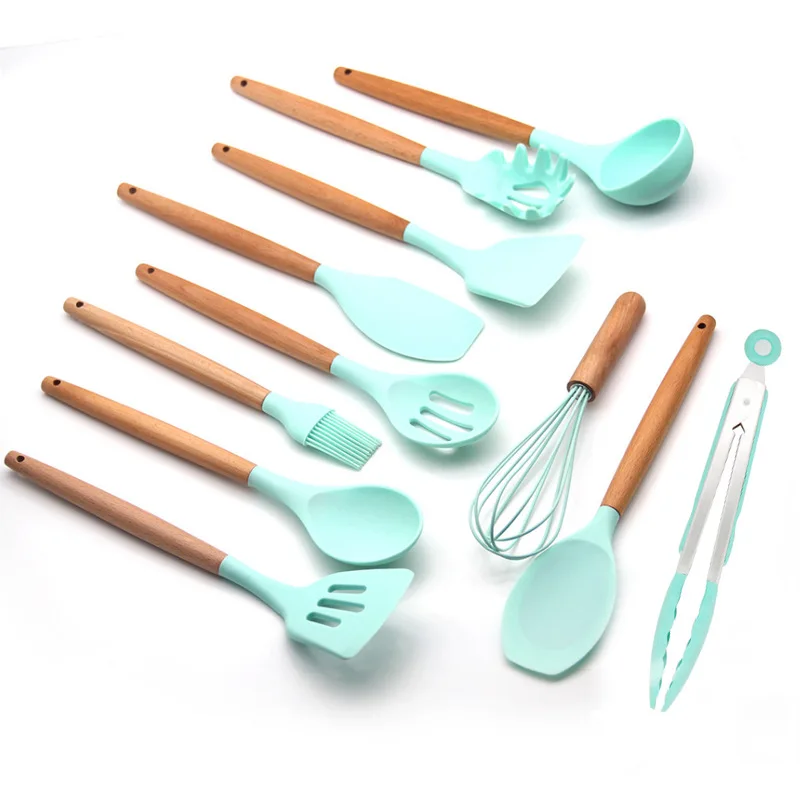 Non Toxic 12 pcs Cooking Tools Kitchenware Cocina Spatula Silicone Kitchen Utensils Set With Wooden Handles