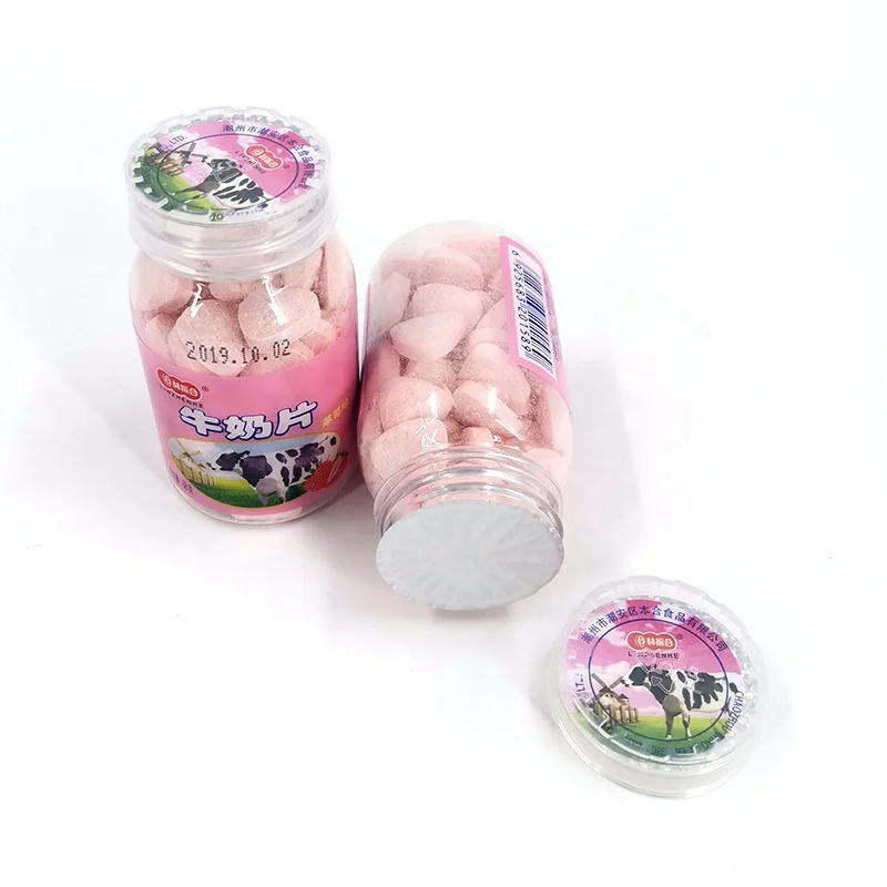 Sweet taste strawberry flavor crispy chewable  pressed milk tablet candy for kids