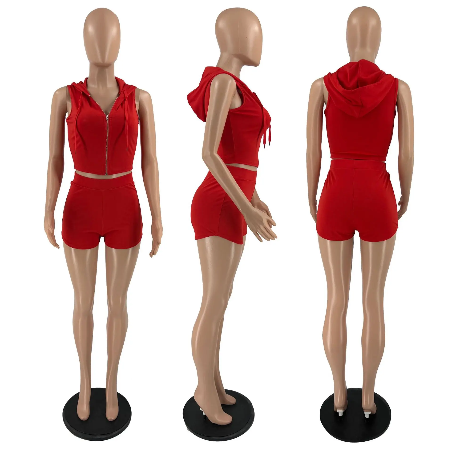 Wholesale Women Summer Clothes Solid Hooded Zipper Top High Waist Shorts Workout Sets