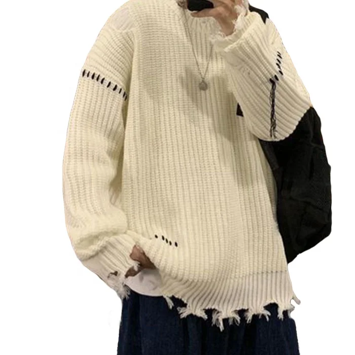 Custom winter sweater knit woolen pullover ribbed pattern cashmere men distressed sweater
