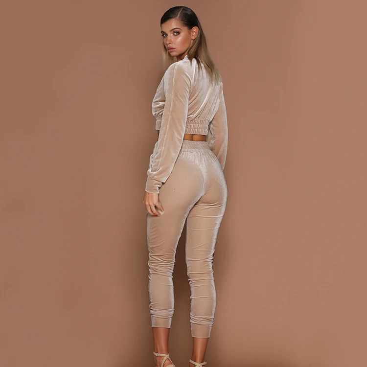 Winter ladies high quality velvet fabric suit ladies solid color zipper sweater sports trousers two-piece sportswear suit