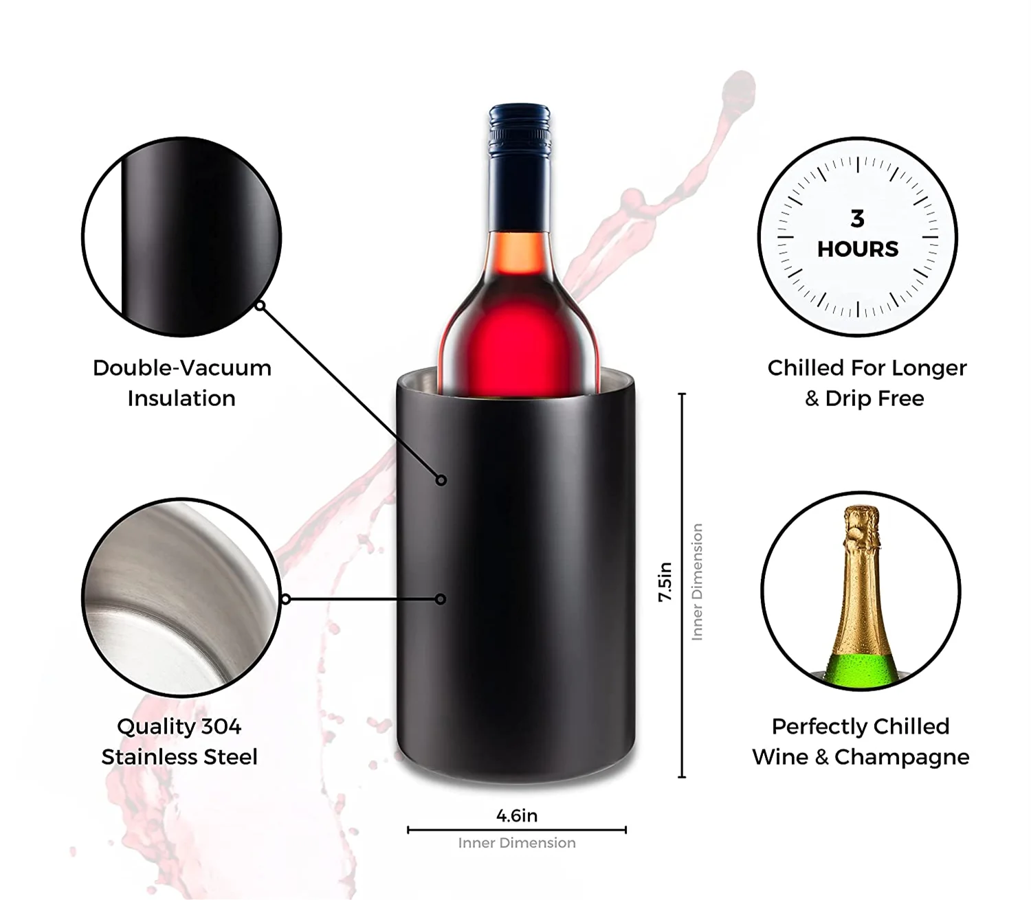 Stainless Steel Wine and Beverage Bottle Chiller Champagne Cooler Bucket Perfect Wine Accessories for 750ml Single Bottle