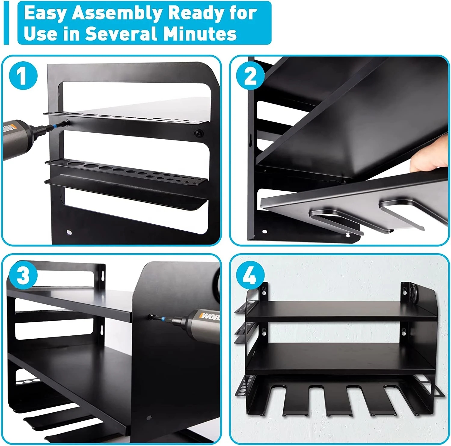 Power Tool Organizer with 5 Drill Rack,Battery Tool Organizer and Storage,Garage Heavy Duty Metal Tool Shelf