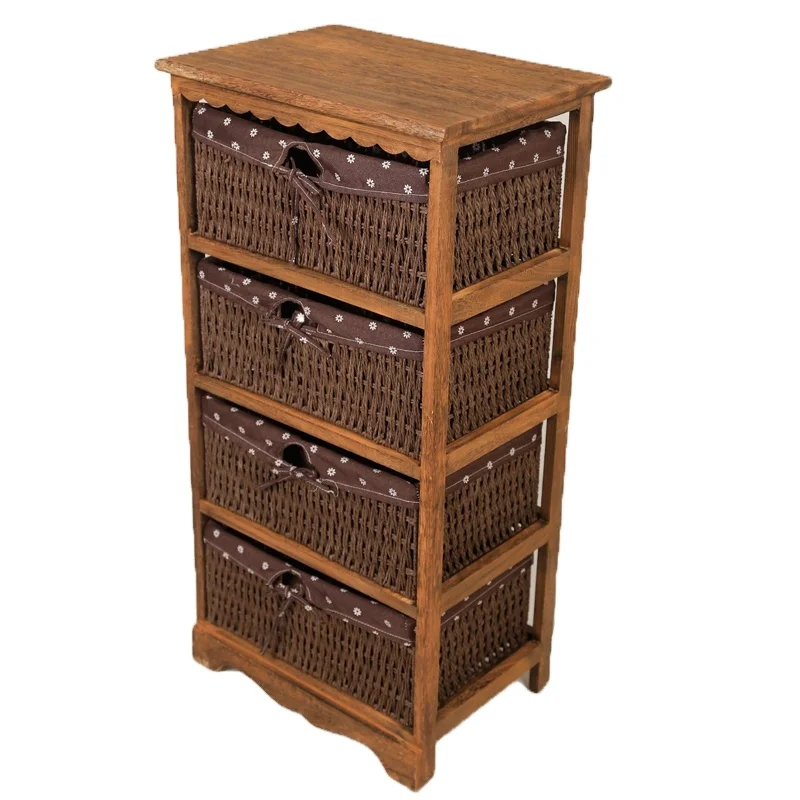 Factory High Quality Wholesale Vintage Roast Color Solid Wood Storage Cabinet With Wickerwork Basket