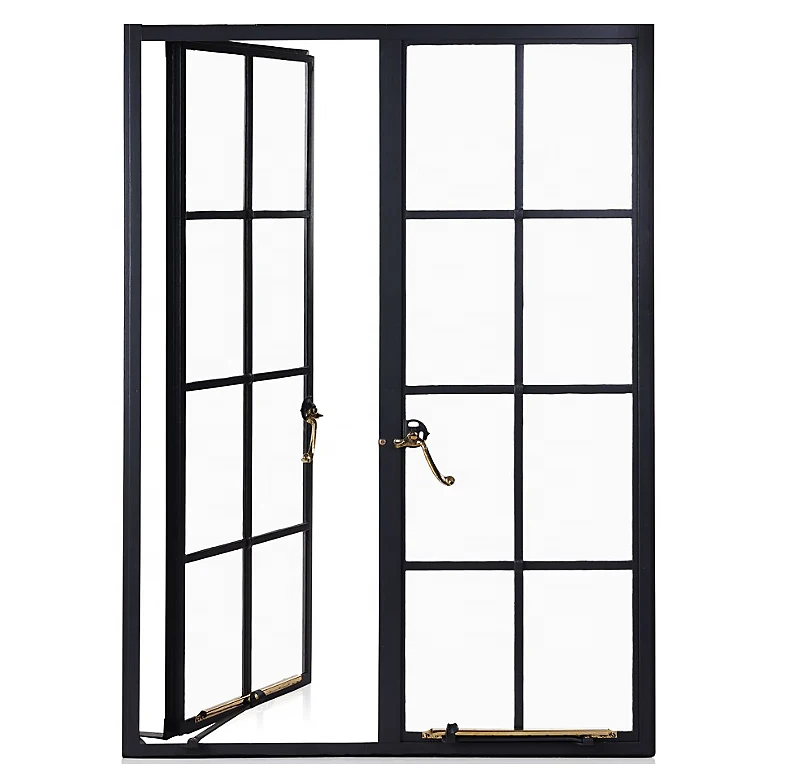 Villa waterproof swing casement window design using sliding brace hardware accessories French double glass and steel Windows