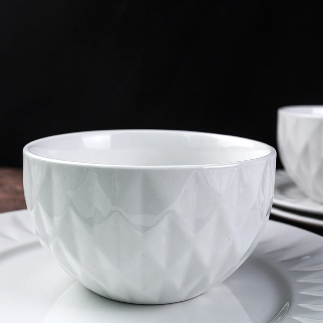 chip resistant scratch resistant dinner plate salad plate cereal bowl mugs embossed white dinnerware collection