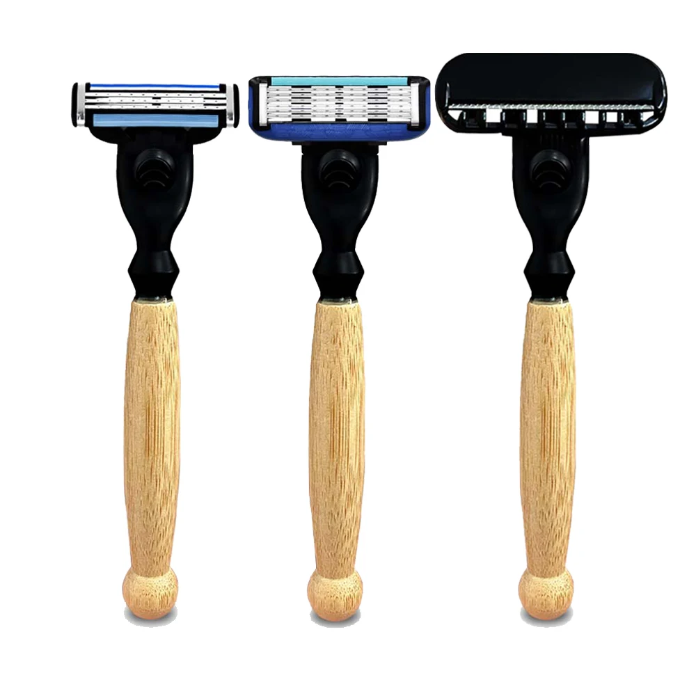 Spolo Wholesale Bamboo Handle Razor 3 & 6 Layers Blade Shaving Heads AC System Razors For Men Women Use Beard & Body Care Tools