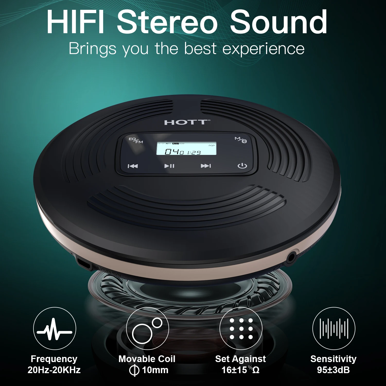 HOTT CD903TF Portable cd Player Rechargeable Touch Buttons for Home Travel and car with Stereo Headphones, Anti-Shock Protection