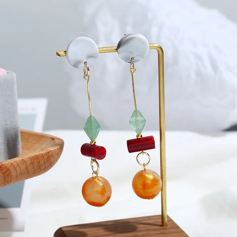Korea Dongdaemun New Hit Color Acrylic Wood Earrings Fashion Retro Long Amber Ball Earrings